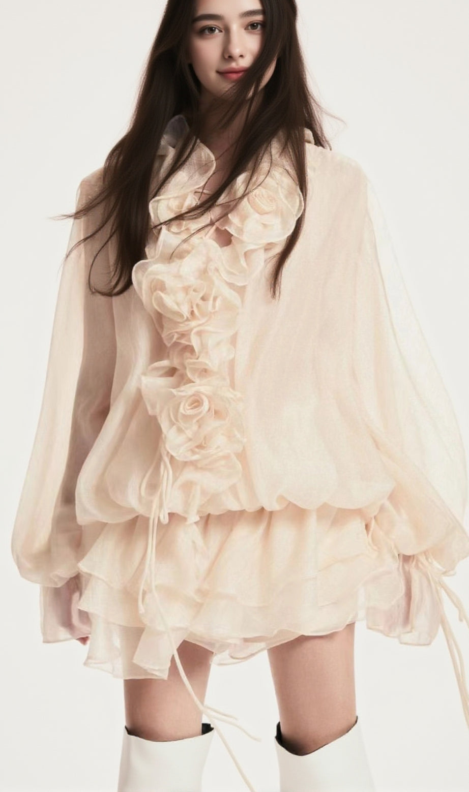 Jaketta Flower Ruffle Mini Dress In Beige