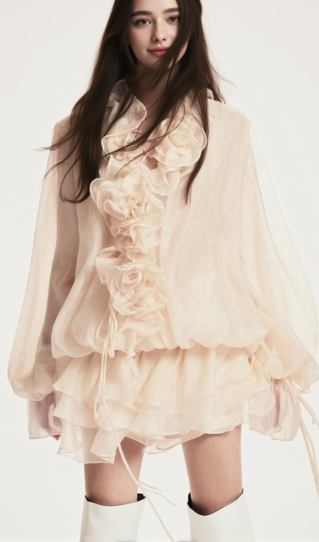 JAKETTA FLOWER RUFFLE MINI DRESS IN BEIGE