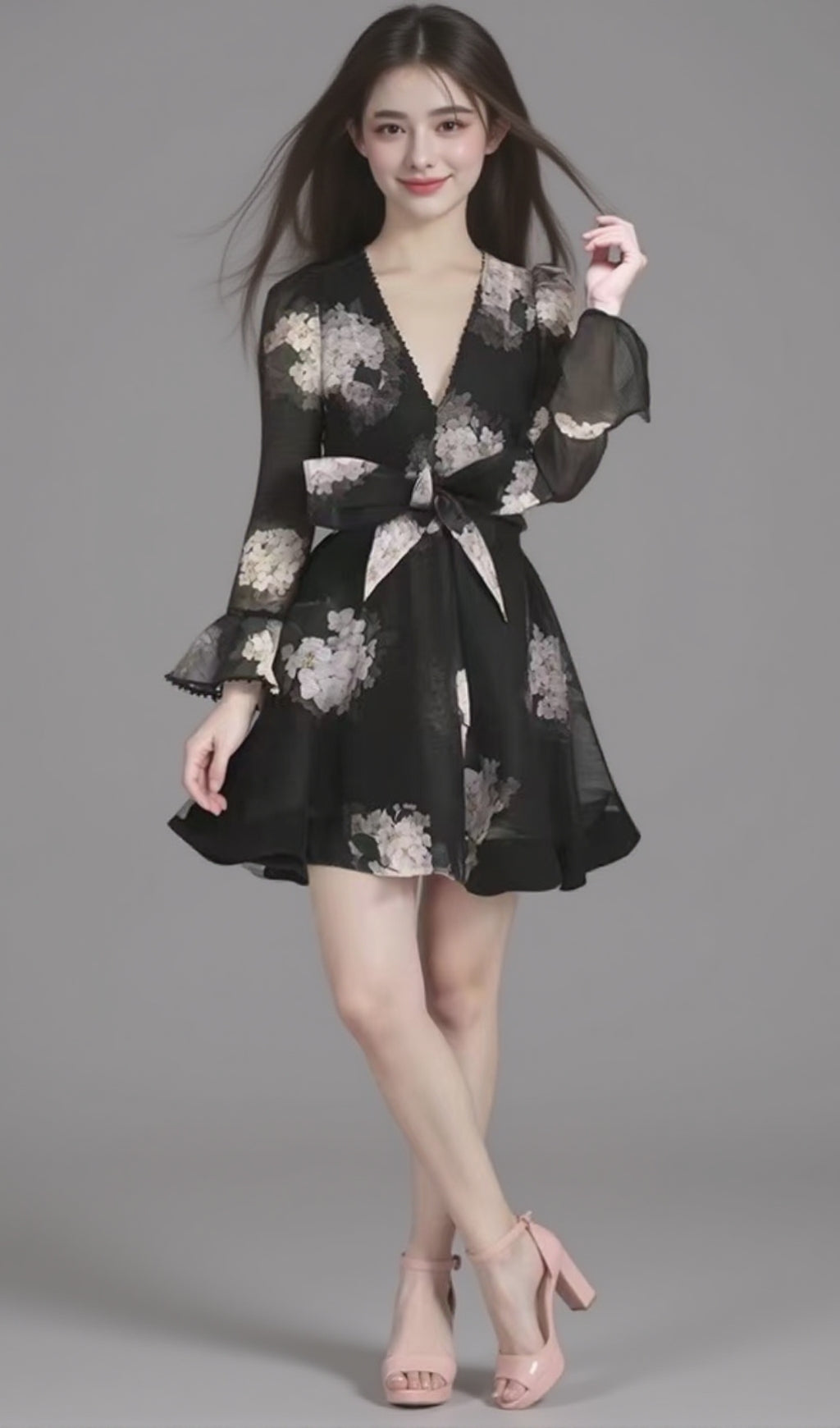 Langärmliges Minikleid mit Hortensienmuster