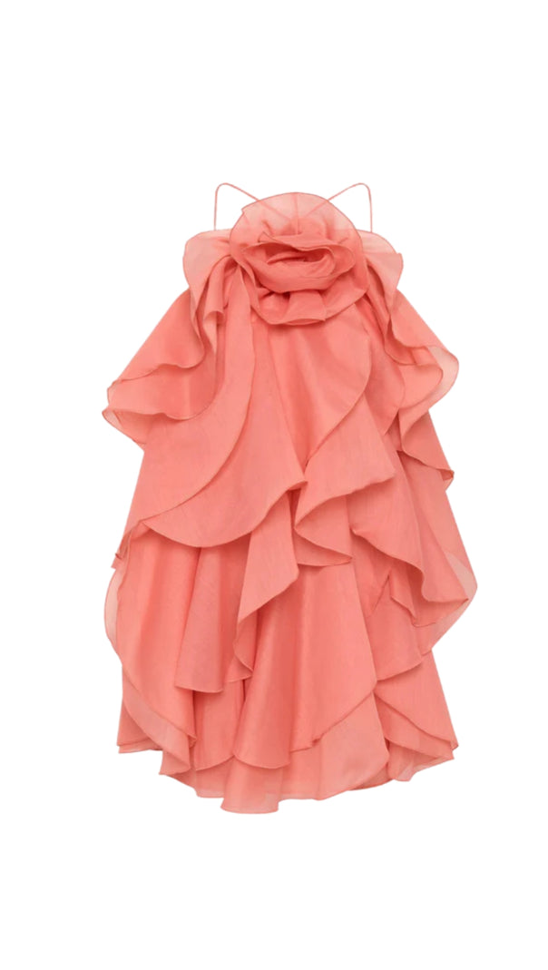 AIIZIE LORRAINE HALTER FLORAL RUFFLE LAYERED MINI DRESS IN ORANGE - product image