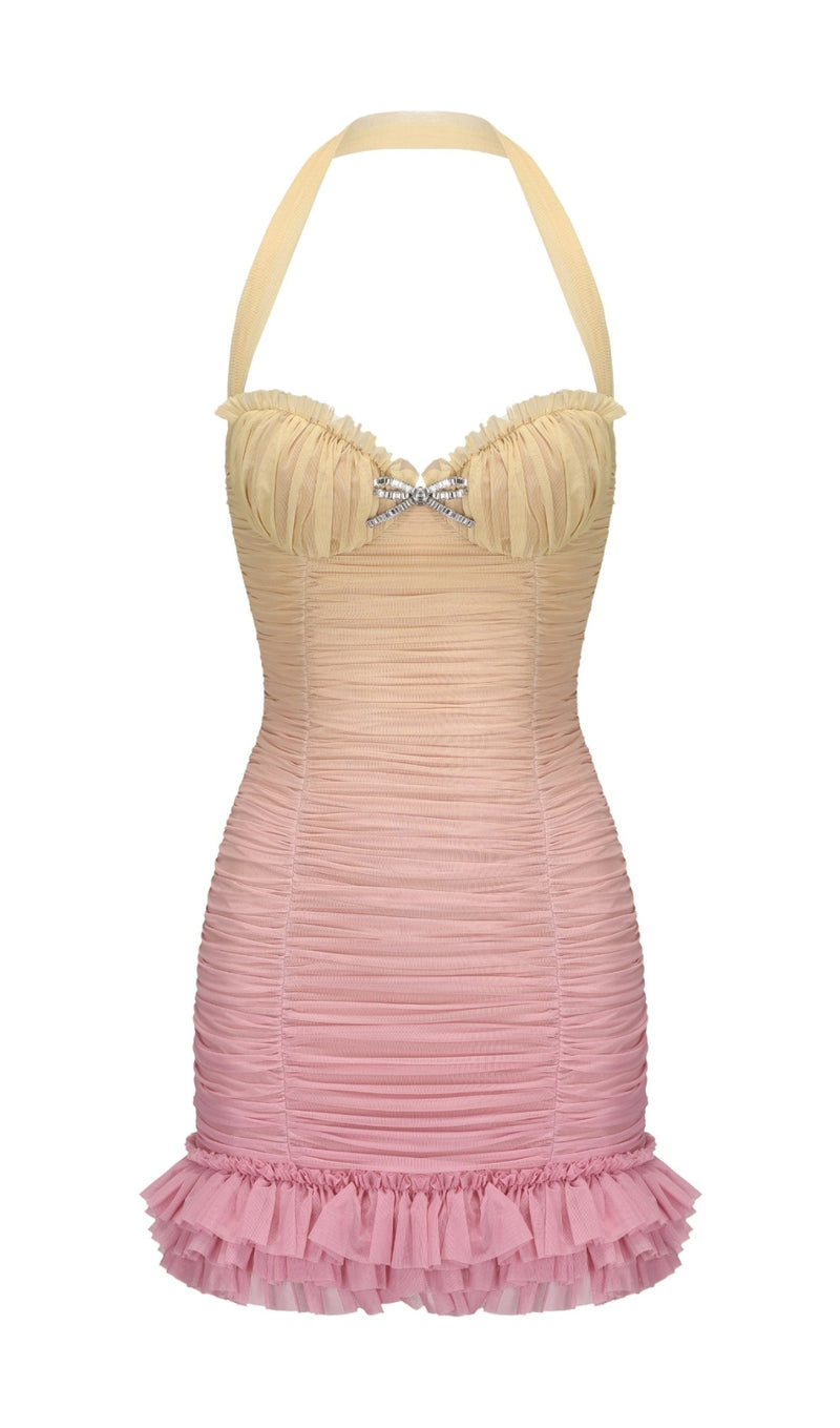 joyce pleated hem mini dress in Gradient yellow
