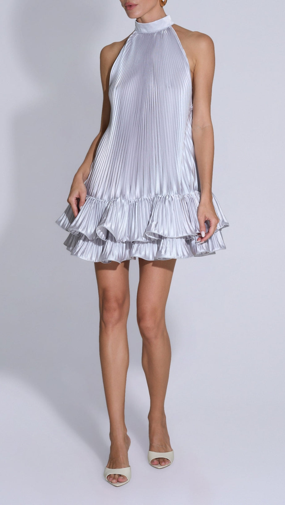 ABITO CORTO TINA A DOPPIO STRATO CON VOLANT E SCOLLO ALL'AMERICANO, BIANCO