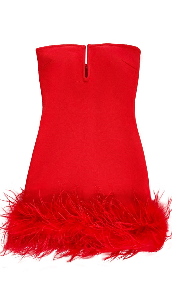 AIIZIE DEEP V TUBE TOP OSTRICH FEATHER HIP-WRAPPED MINI DRESS RED - product image