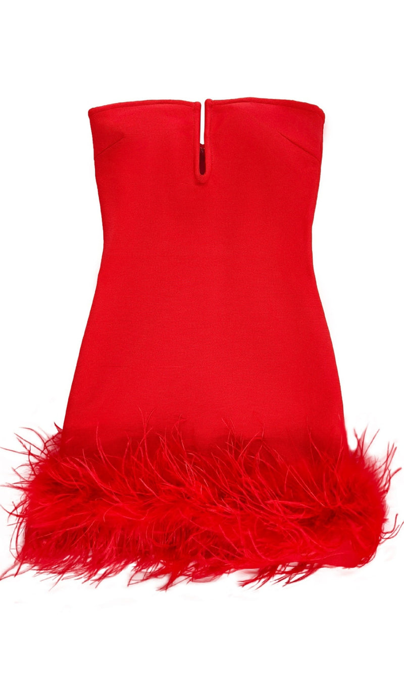 Deep V tube top ostrich feather hip-wrapped mini dress red