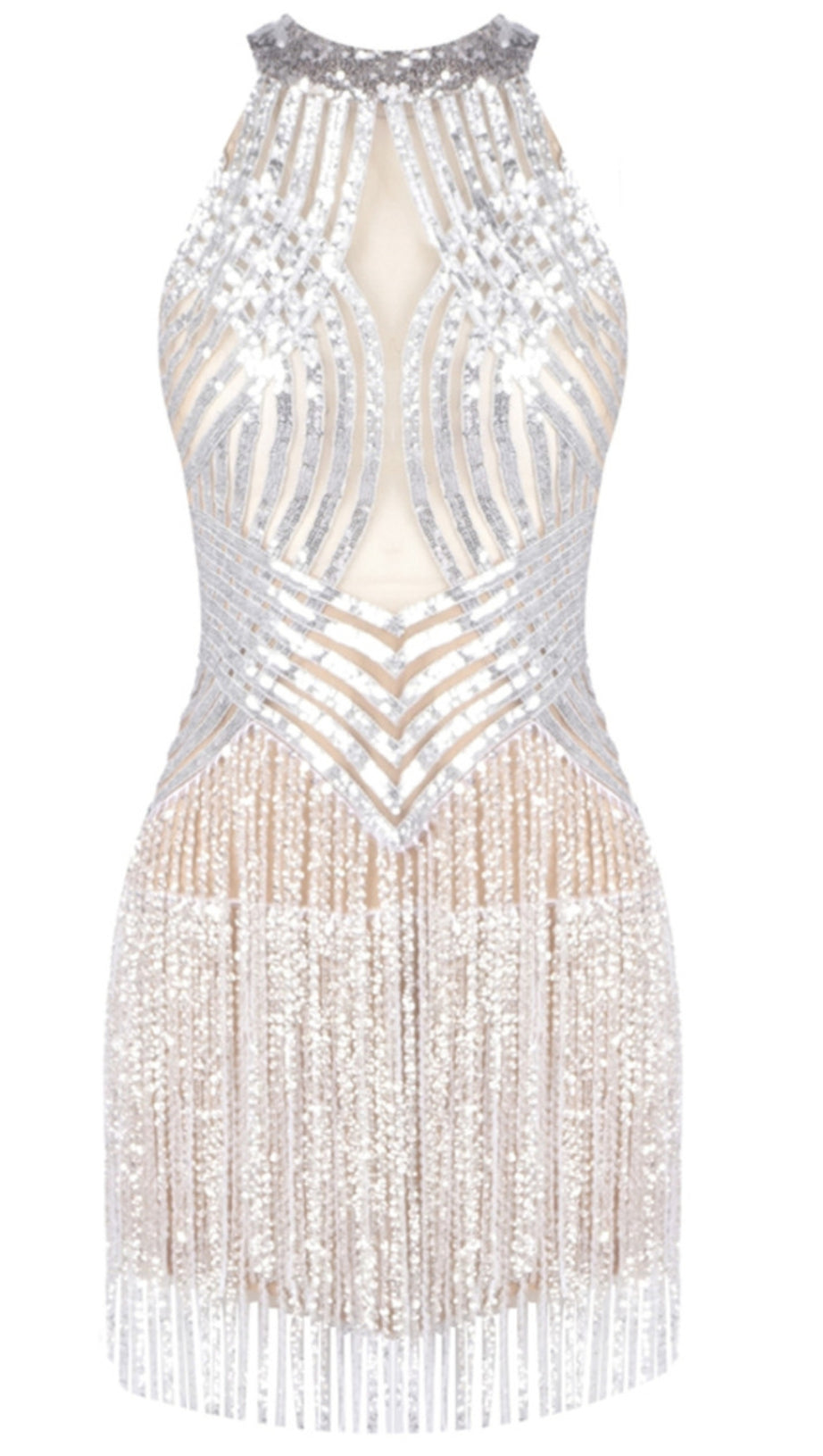 ABITO CON SCOLLO A V, PAILLETTES E NAPPINE SULLA SCHIENA, ARGENTO