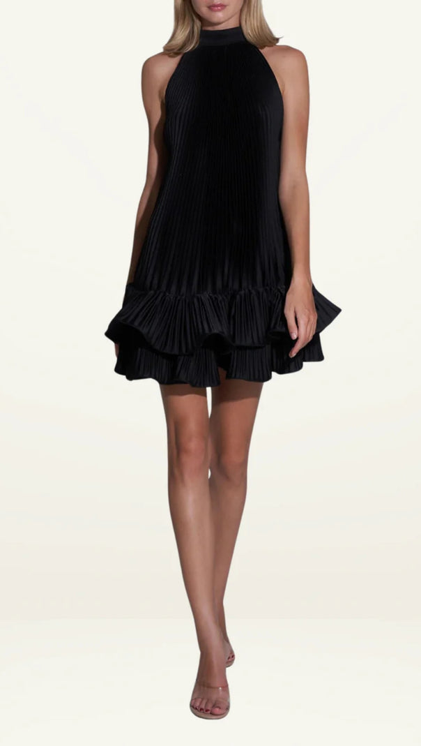 AIIZIE TINA DOUBLE-LAYER RUFFLED HALTER NECK MINI DRESS IN BLACK - product image
