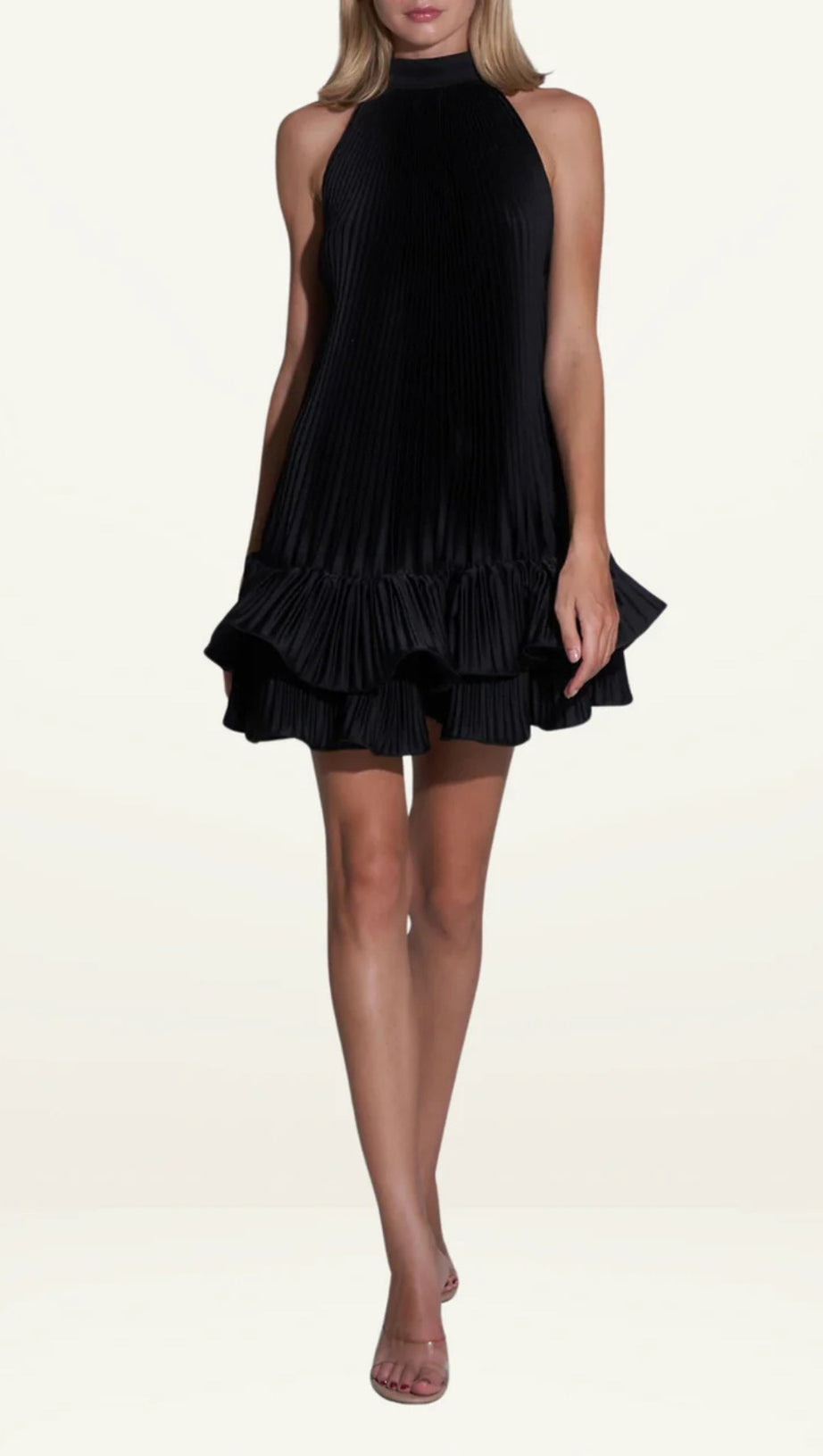 ABITO CORTO TINA A DOPPIO STRATO CON VOLANT E SCOLLO ALL'AMERICANO NERO