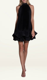 tina Double-layer ruffled halter neck mini dress in black