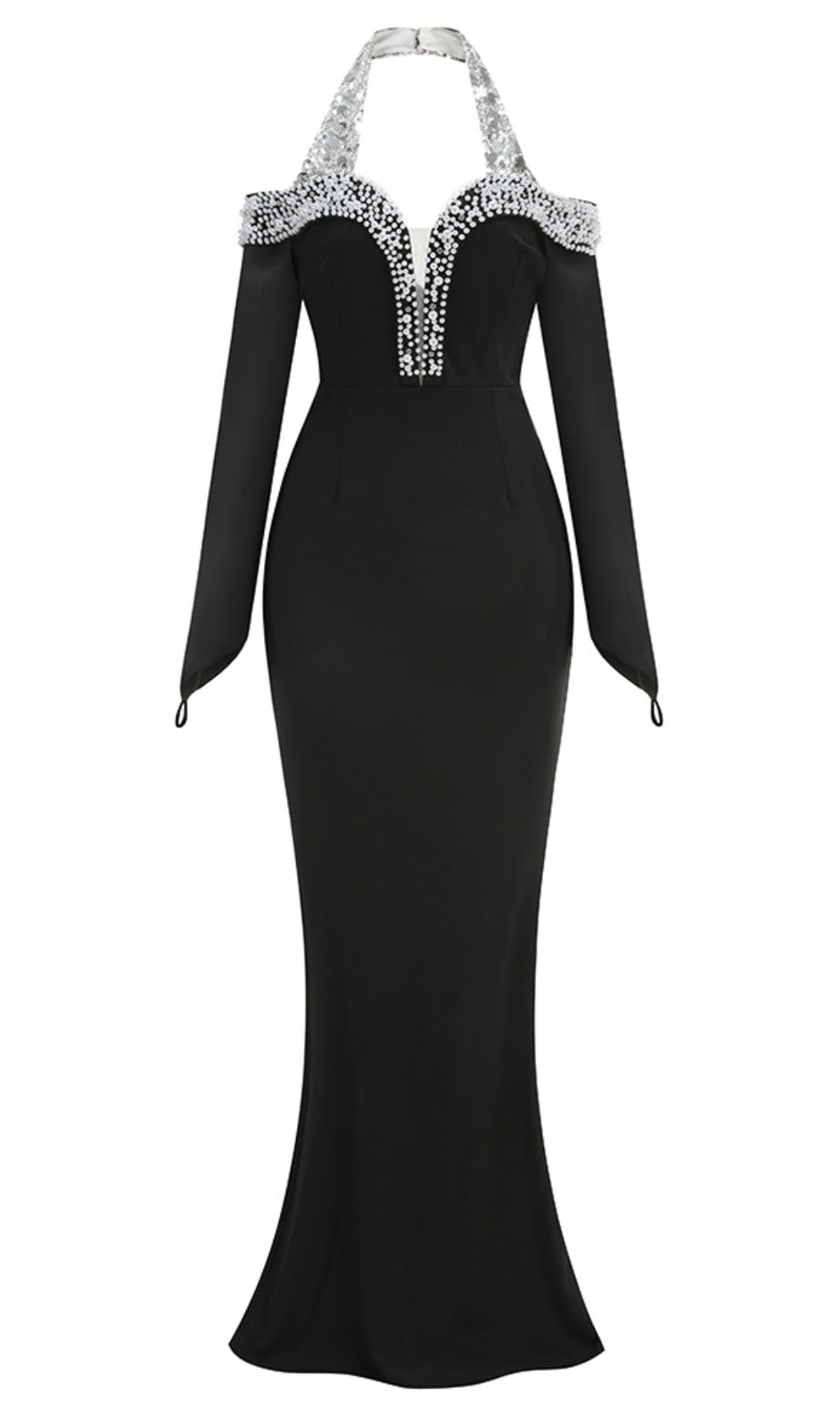 Halter Pearl Crystal-Trim Maxi Dress