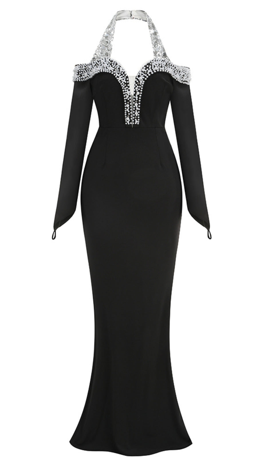 HALTER PEARL CRYSTAL-TRIM MAXI DRESS