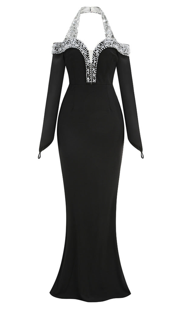 Halter Pearl Crystal-Trim Maxi Dress