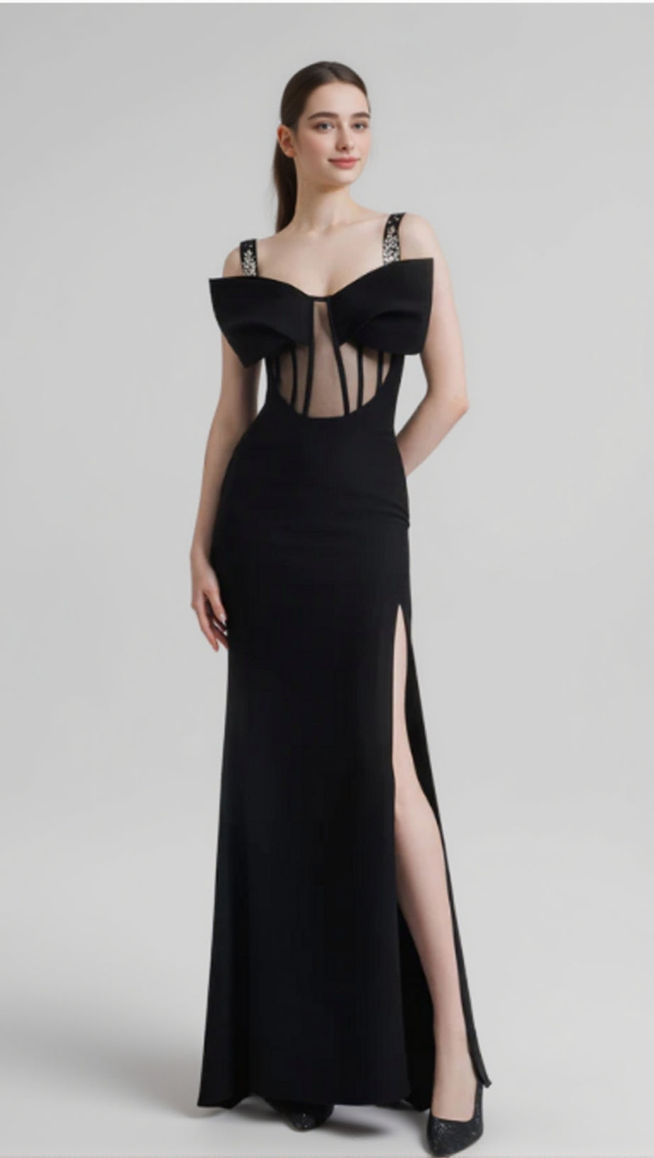 DANCIS SEE-THROUGH CORSET MAXI DRESS - BLACK