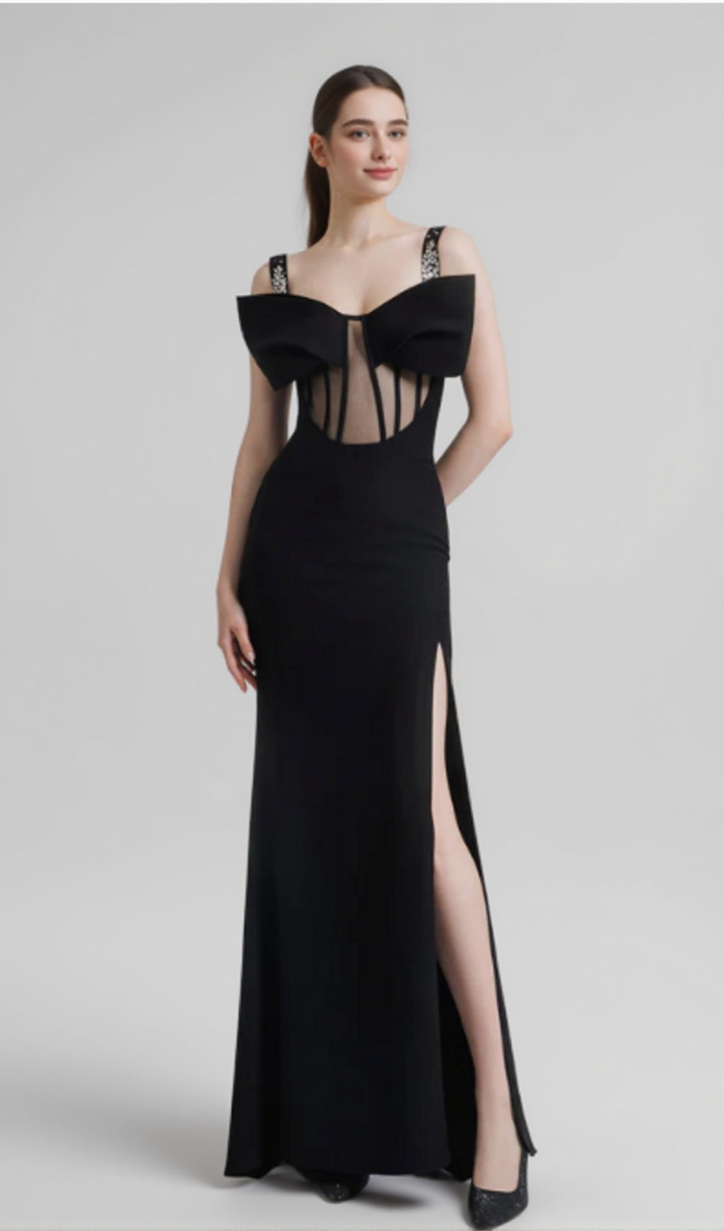 DANCIS SEE-THROUGH CORSET MAXI DRESS - BLACK