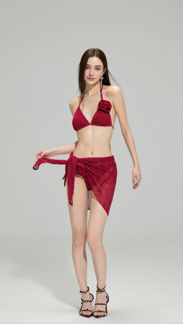 AIIZIE DARINA RED FLOWER SEQUIN THREE-PIECE SWIMSUIT - product image