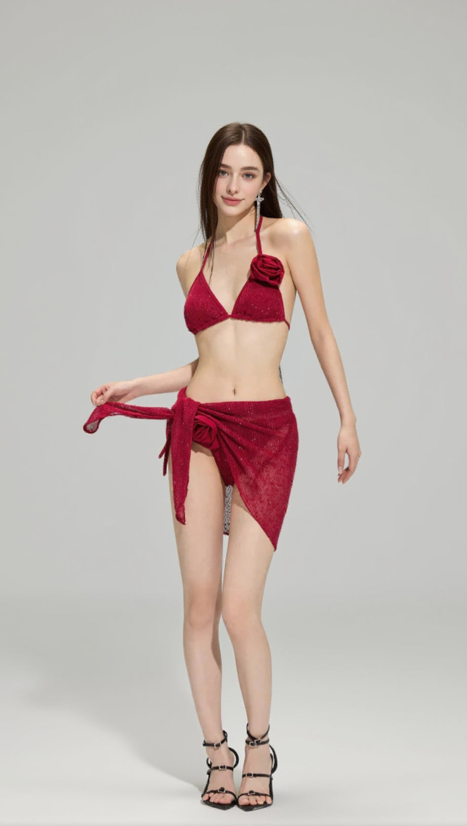 DARINA RED FLOWER SEQUIN THREE-PIECE SWIMSUIT