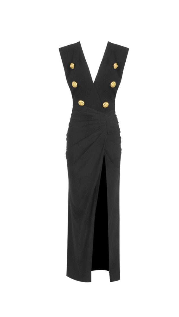 AIIZIE DEEP-V SLEEVELESS RUCHED SLIT MAXI DRESS IN BLACK - product image