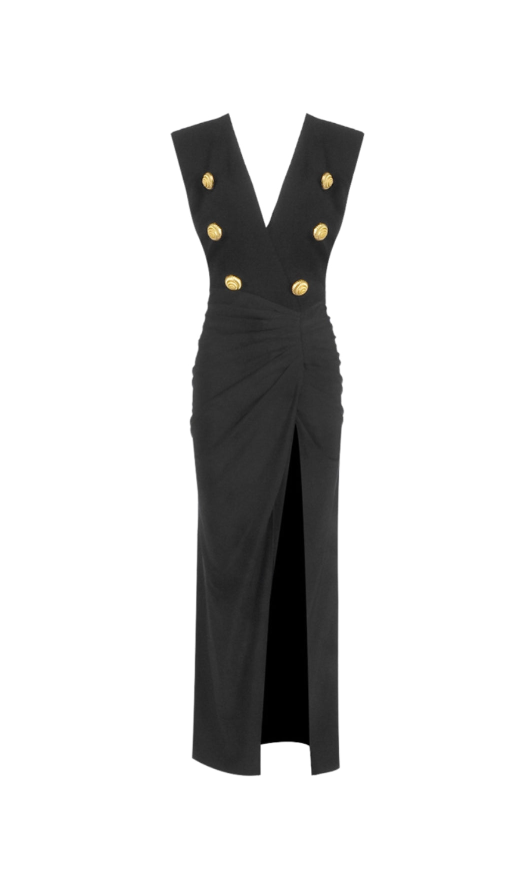 DEEP-V SLEEVELESS RUCHED SLIT MAXI DRESS IN BLACK