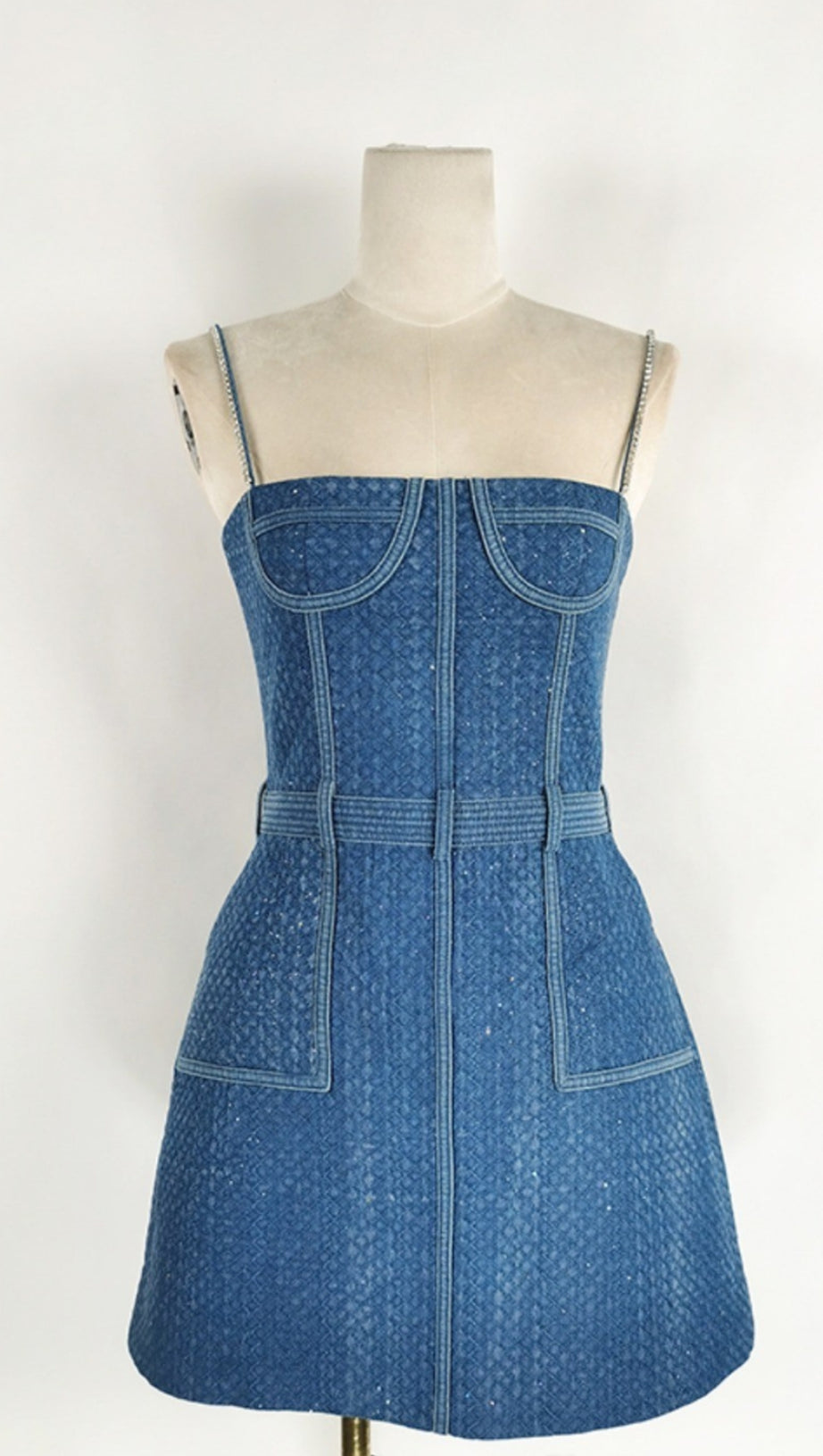 ANDREA DENIM RHINESTONE SUSPENDER MINI DRESS IN BLUE
