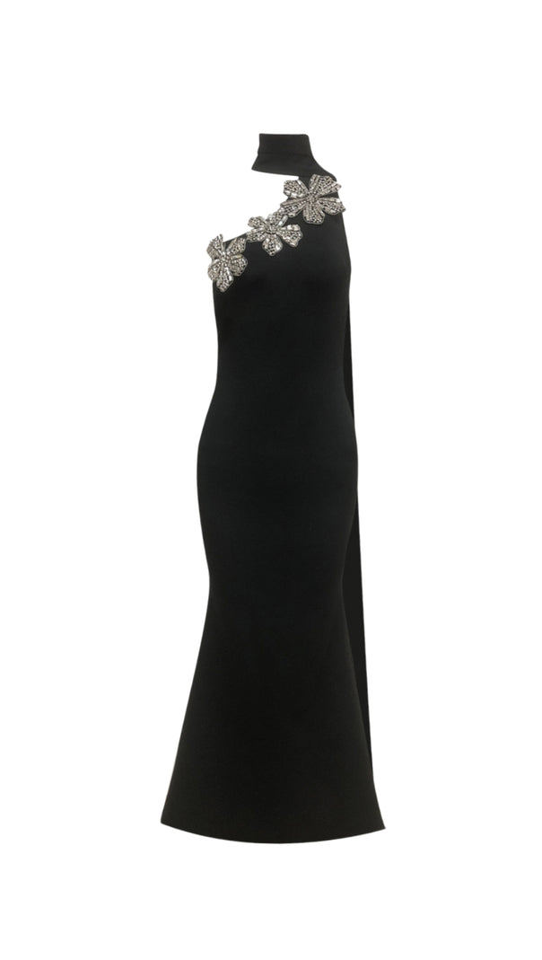 AIIZIE EMILY DIAMOND FLOWER BANDAGE MAXI DRESS IN BLACK - product image