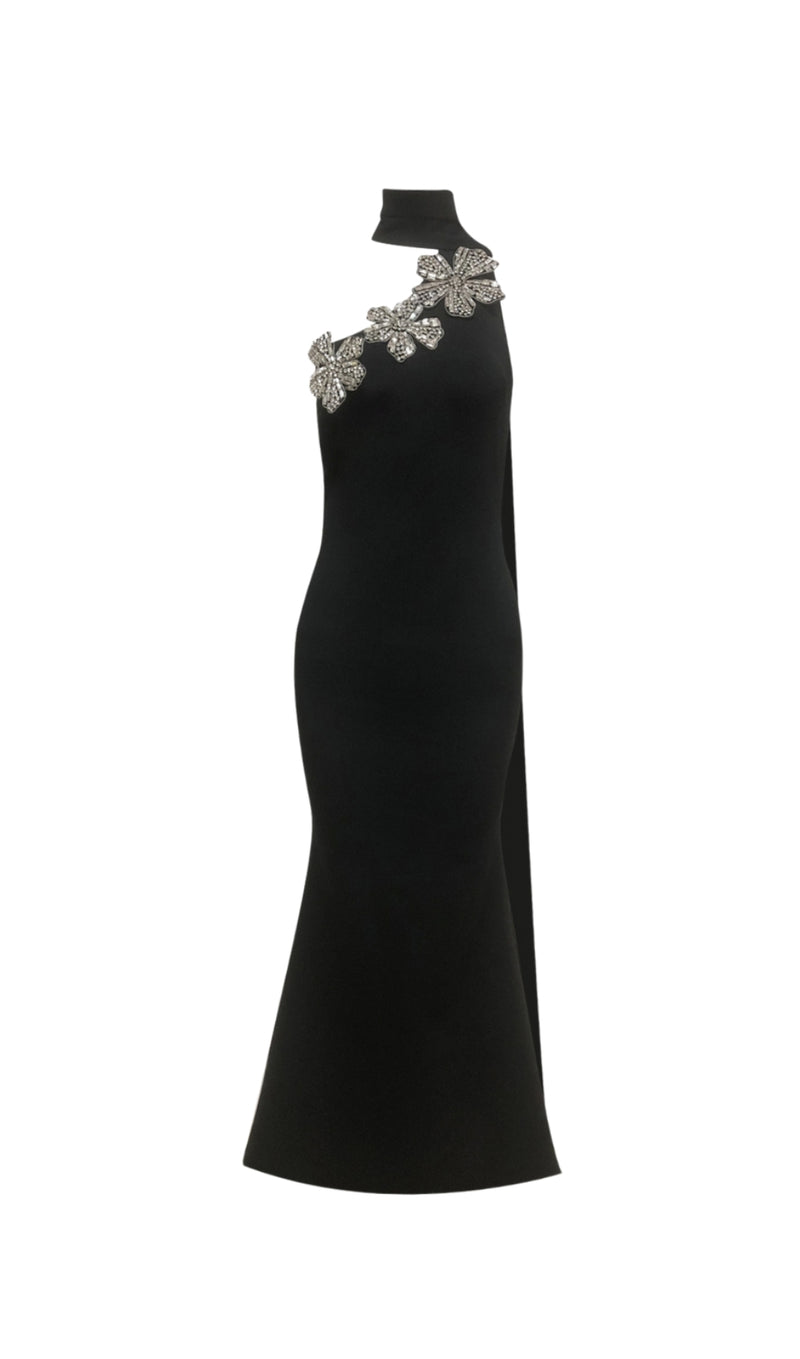Emily Diamond Flower Bandage Maxi Dress in Black