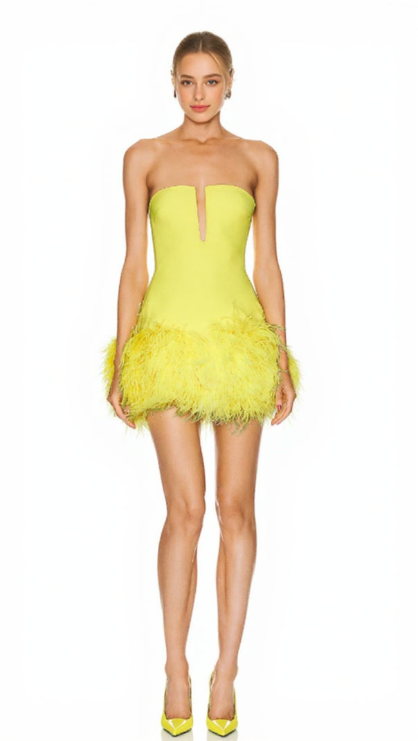 AIIZIE DEEP V TUBE TOP OSTRICH FEATHER HIP-WRAPPED MINI DRESS YELLOW - product image
