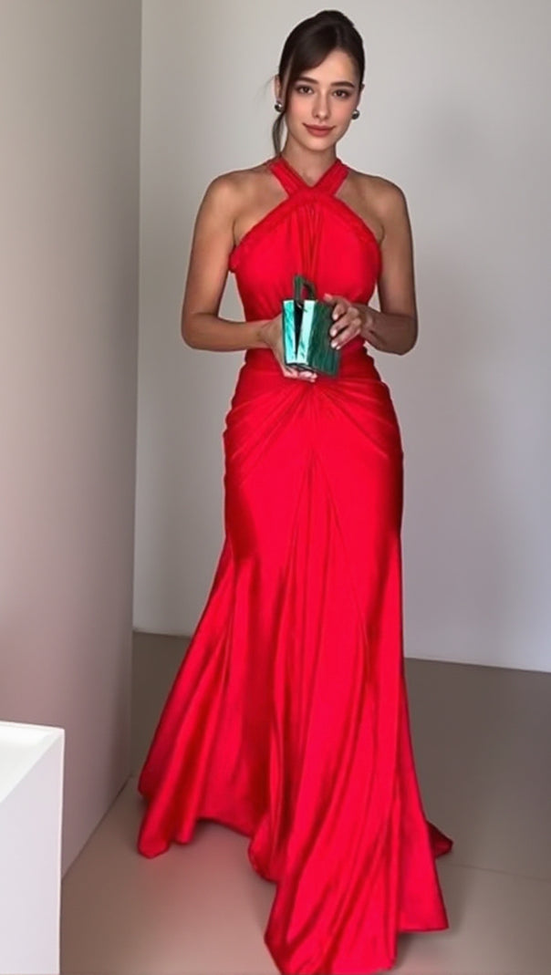 AIIZIE HALTER BRAIDED DRAPED MAXI DRESS RED - product image