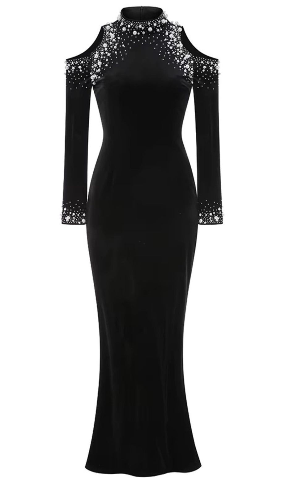 Langärmliges, verziertes Maxi-Samtkleid in Schwarz