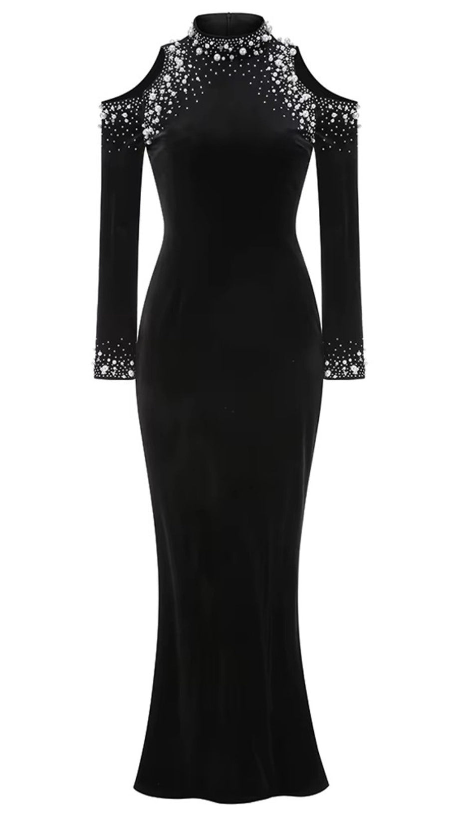 LONG SLEEVE EMBELLISHED MAXI VELVET DRESS BLACK