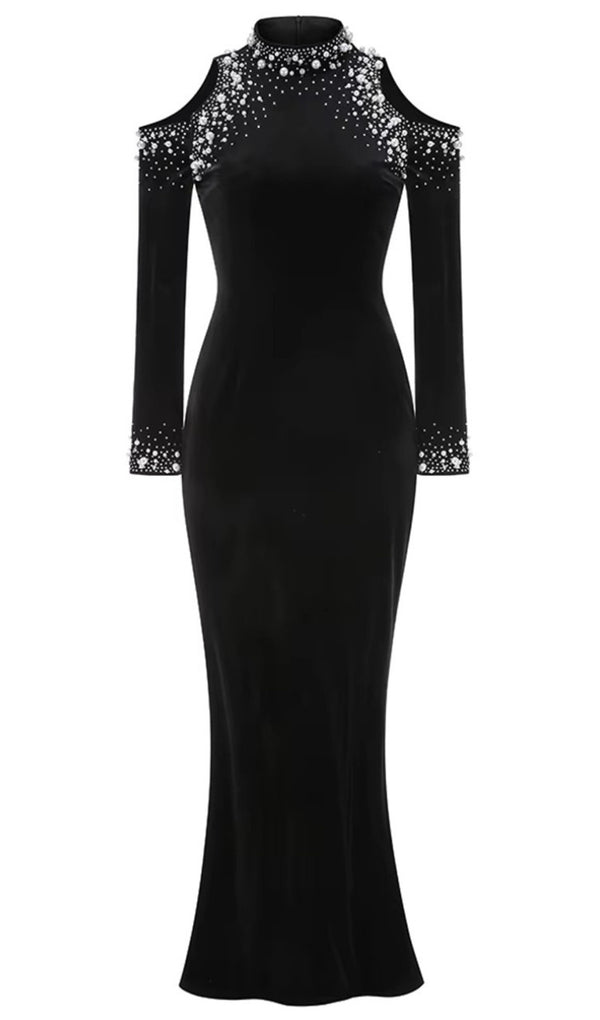 Long Sleeve Embellished Maxi Velvet Dress Black