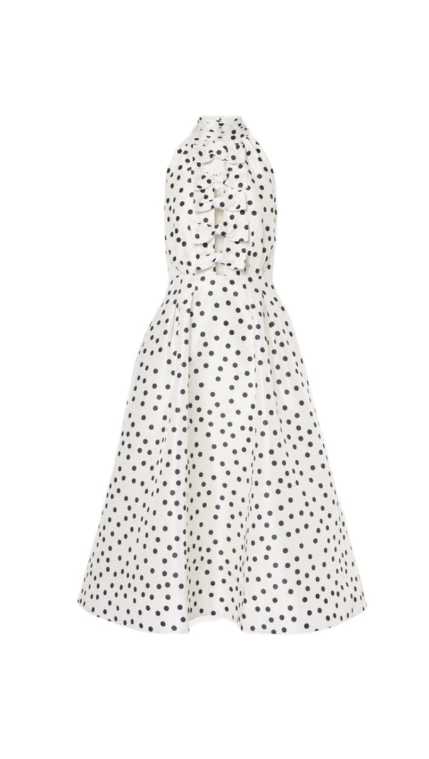 AIIZIE BOW POLKA DOT HALTER NECK MIDI DRESS IN WHITE - product image