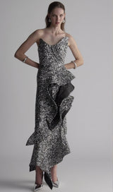 asymmetric ruffled sequined crepe gown in silver