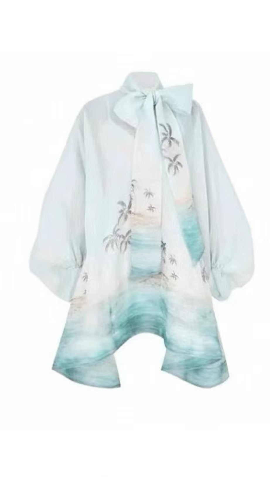 Kleid mit Fliege am Hals und unregelmäßigem Rock mit Laternenärmeln und Kokospalmen-Print