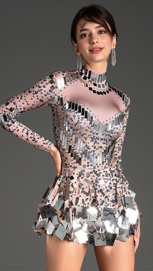 AIIZIE LONG SLEEVE SEQUIN MINI DRESS IN SILVER - product image