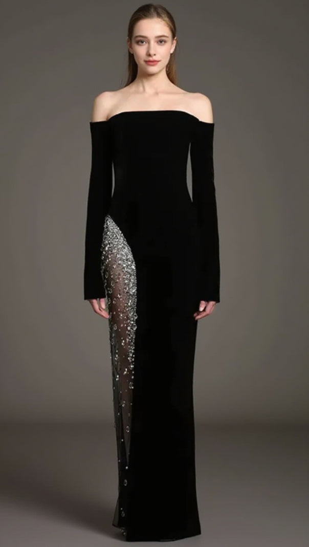 AIIZIE LONG SLEEVE BARDOT CRYSTAL MESH MAXI DRESS BLACK - product image