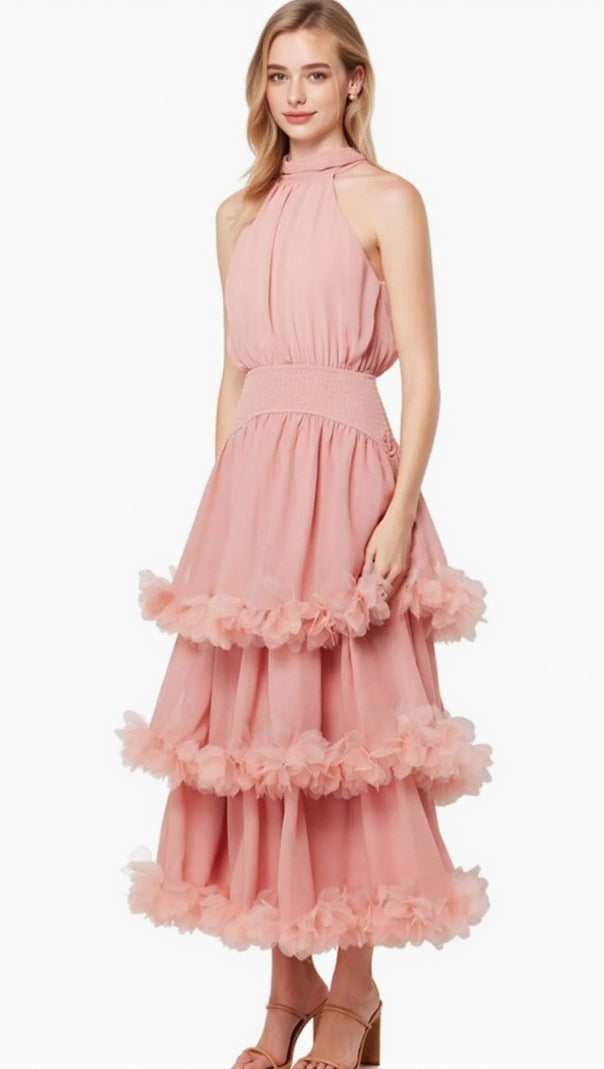 AIIZIE NEREIDA TIERED MIDI DRESS IN PALE ORANGE - product image