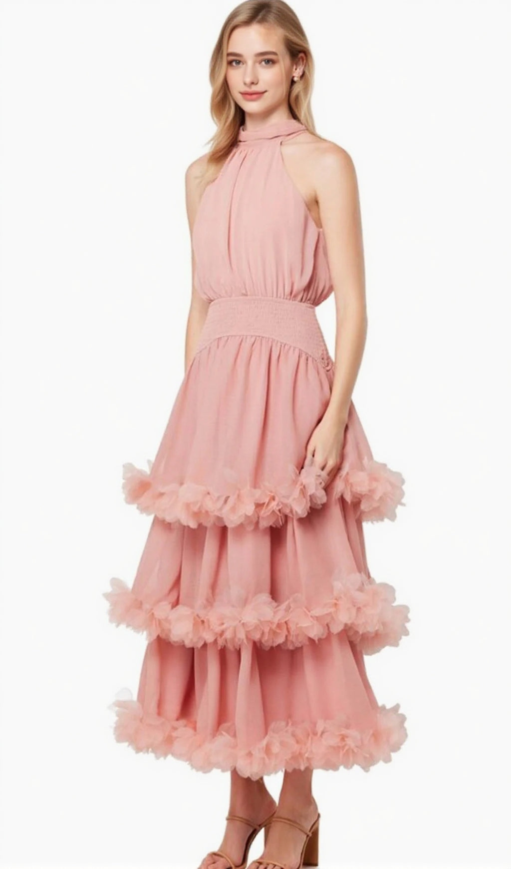 NEREIDA TIERED MIDI DRESS IN PALE ORANGE