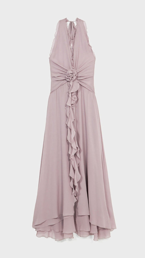 AIIZIE AONAVER FLORAL RUFFLE HALTER MAXI DRESS IN PURPLE - product image