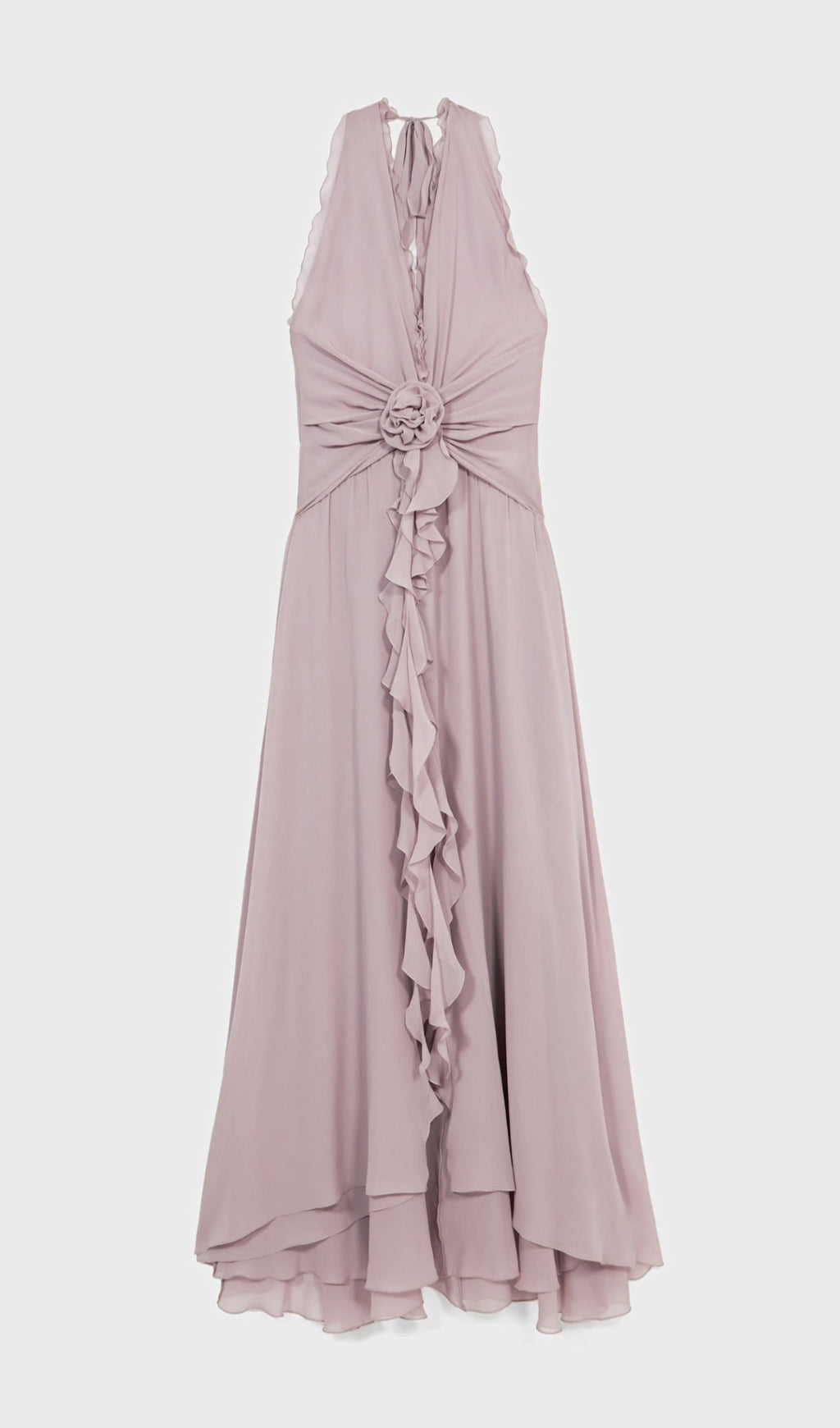 AONAVER FLORAL RUFFLE HALTER MAXI DRESS IN PURPLE