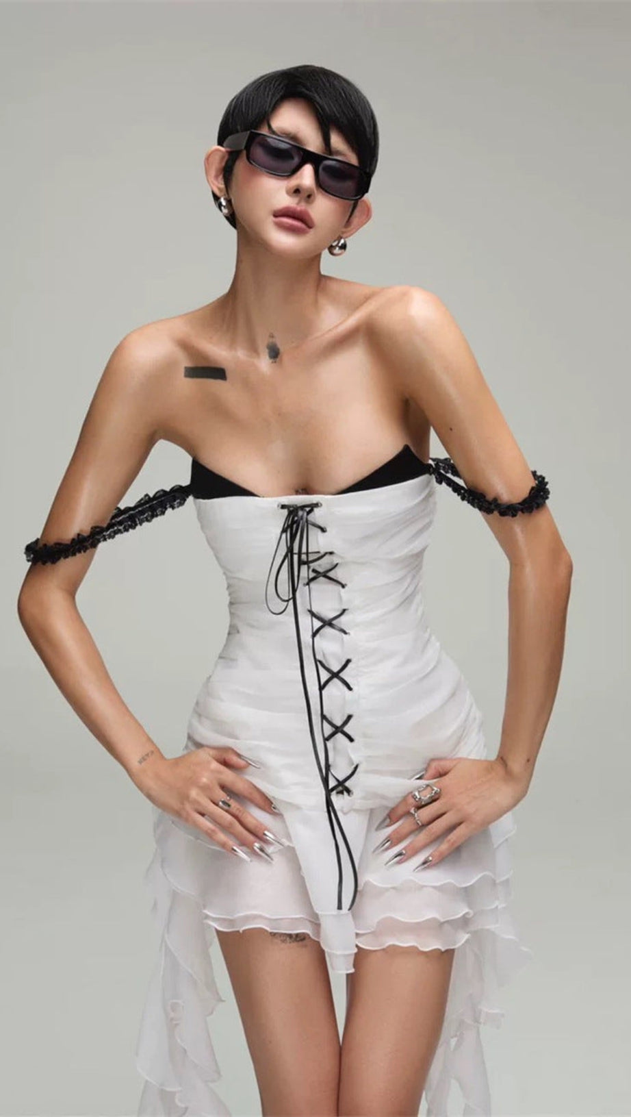 STACEY RUFFLED HEM TIE MINI DRESS IN WHITE