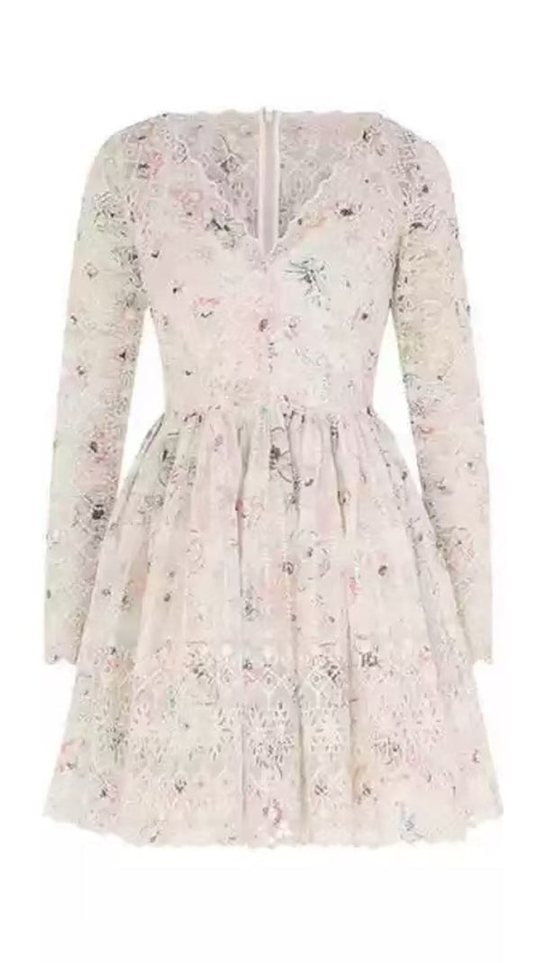 AIIZIE LACE DETAIL LONG SLEEVE V NECK MINI DRESS - product image