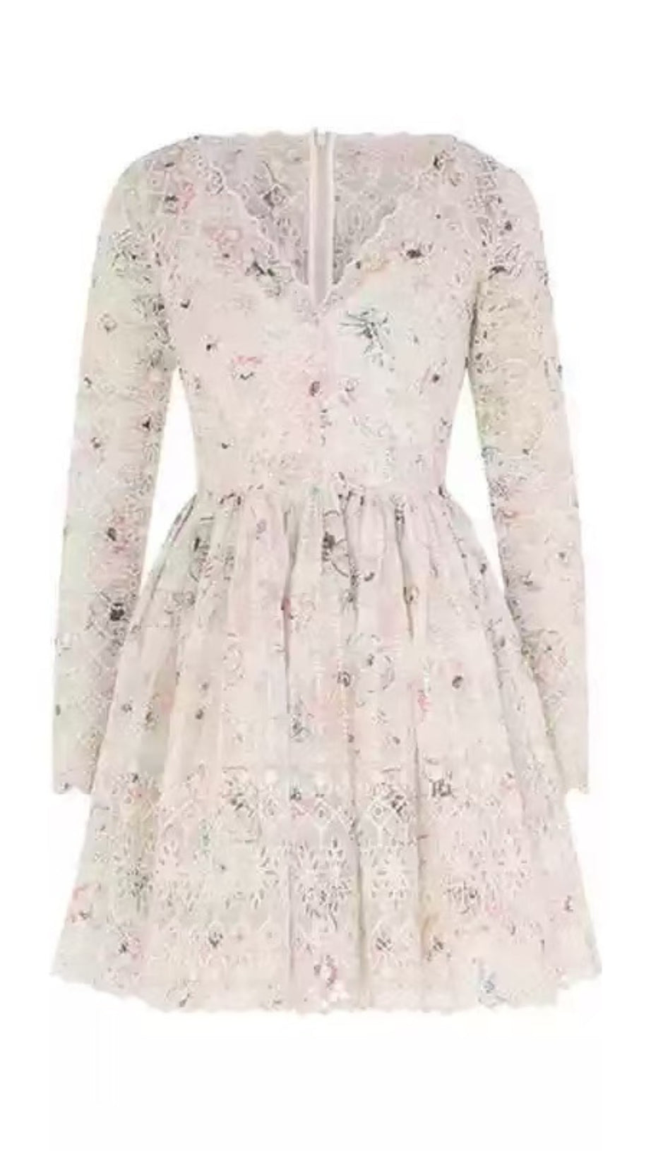 LACE DETAIL LONG SLEEVE V NECK MINI DRESS