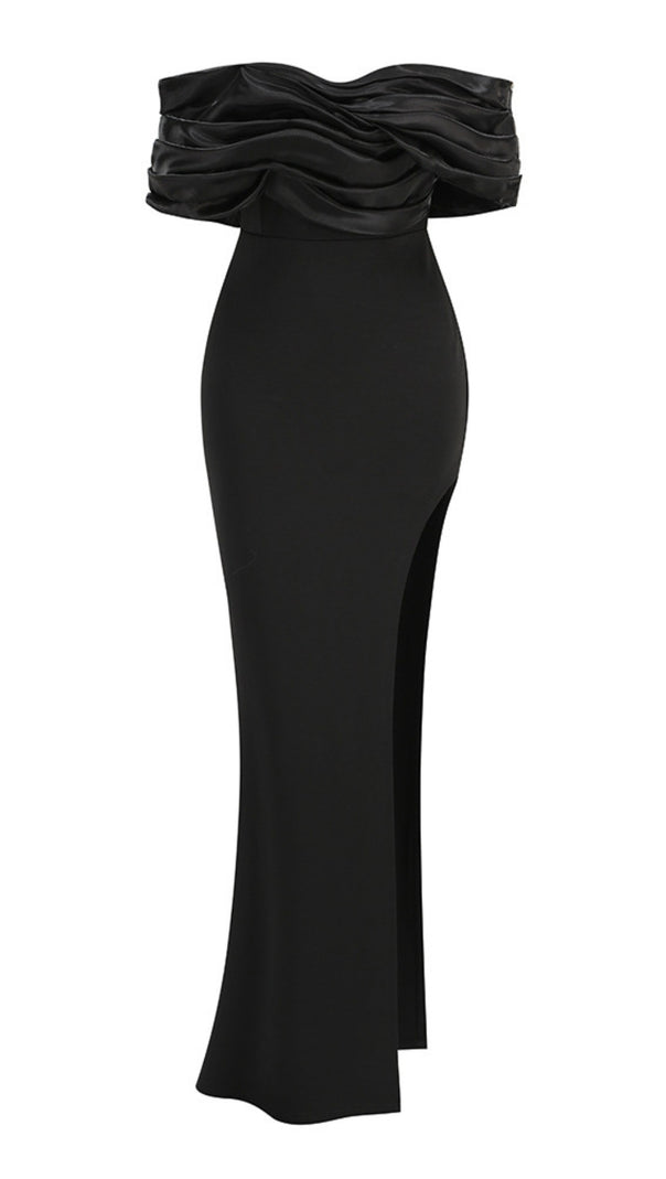 AIIZIE SOPHIA OFF SHOULDER RUCHED MAXI SLIT DRESS IN BLACK - product image