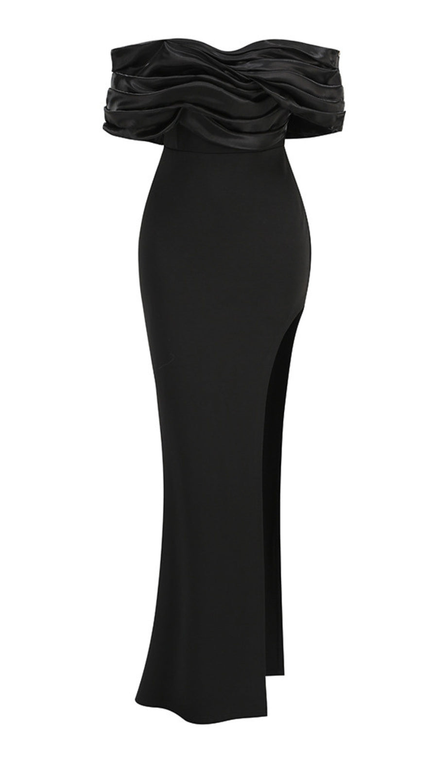 Abito lungo con spacco e arricciature sulle spalle Sophia in nero