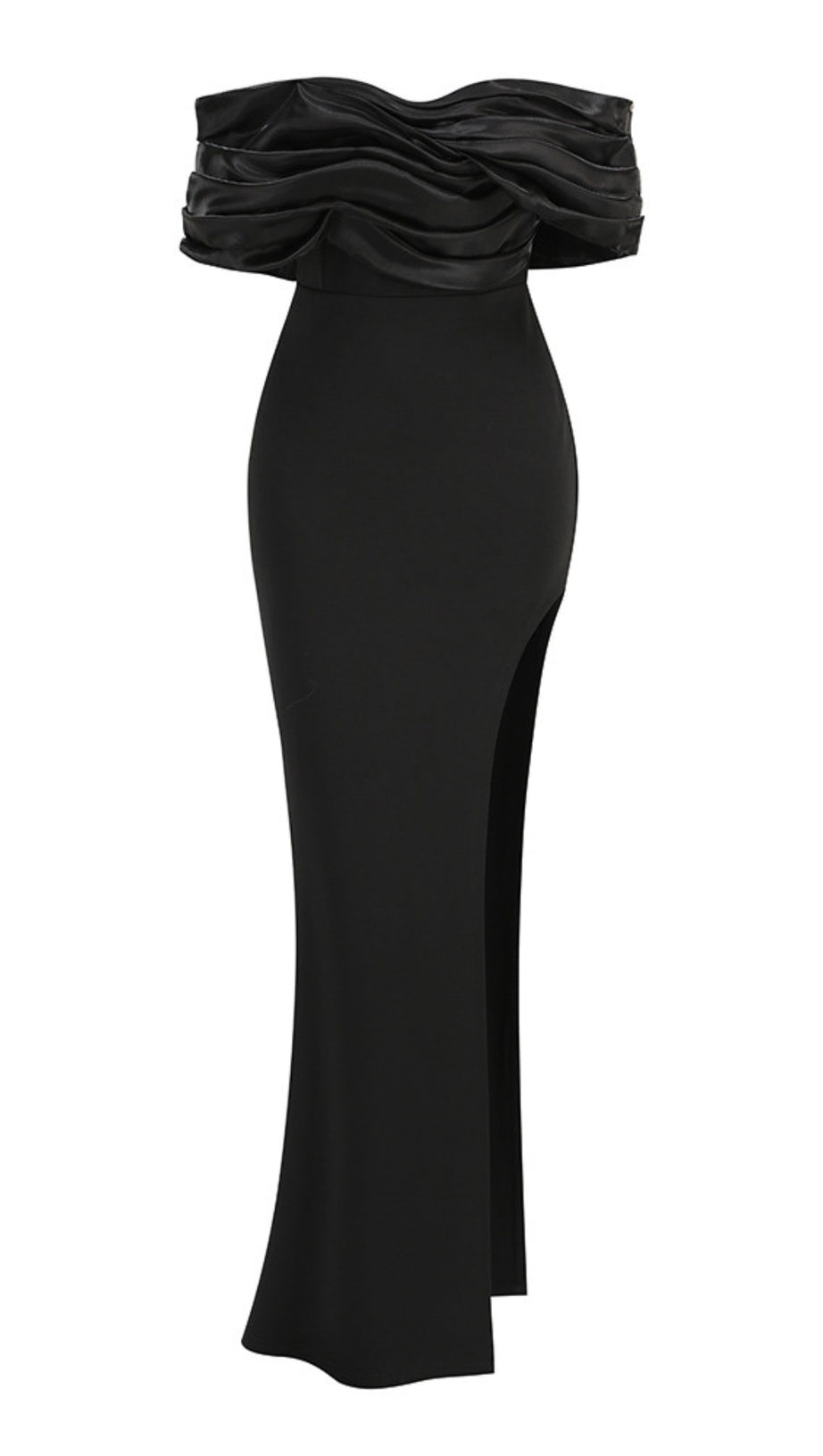 Abito lungo con spacco e arricciature sulle spalle Sophia in nero
