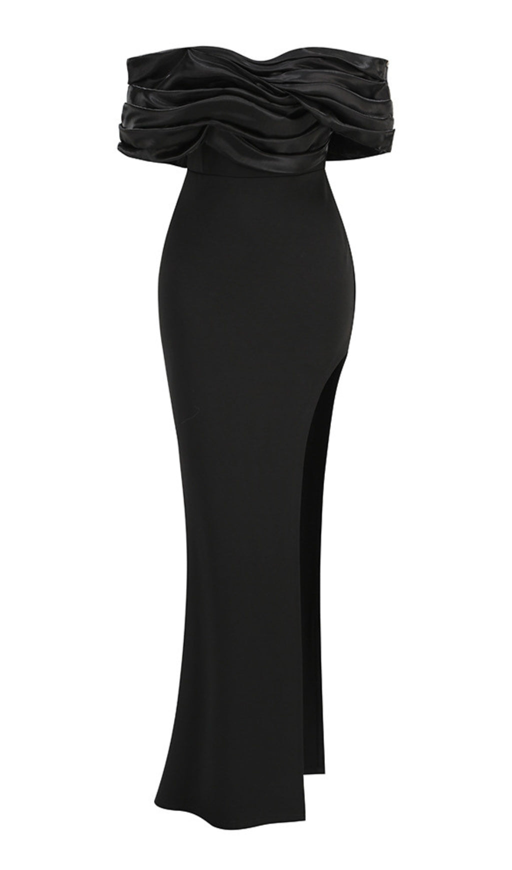 SOPHIA OFF SHOULDER RUCHED MAXI SLIT DRESS IN BLACK
