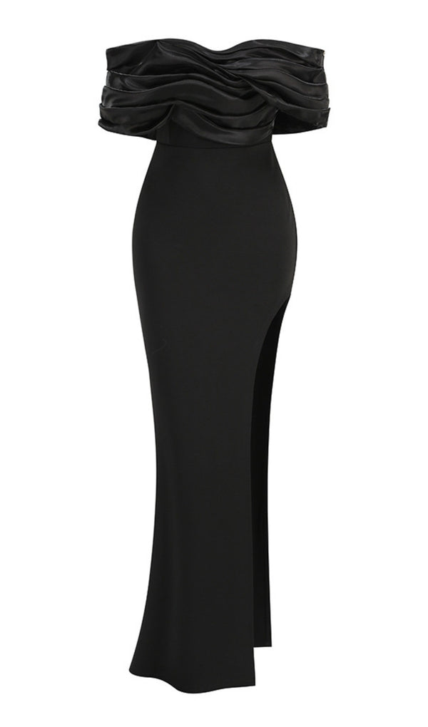 Sophia Off Shoulder Ruched Maxi Slit Dress in black