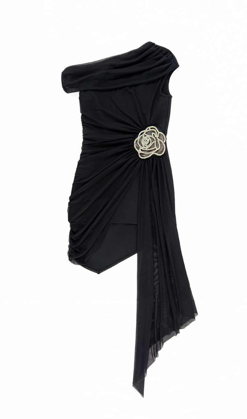 Off-shoulder floral mini dress black