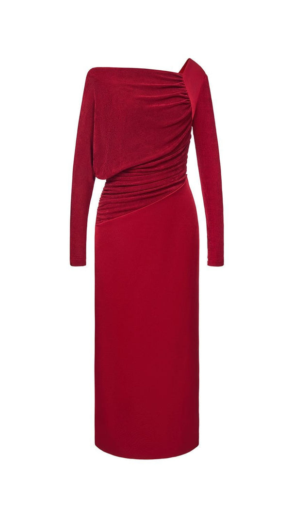 AIIZIE MIRABEL A-LINE BACK SLIT TAFFETA MIDI DRESS IN RED - product image