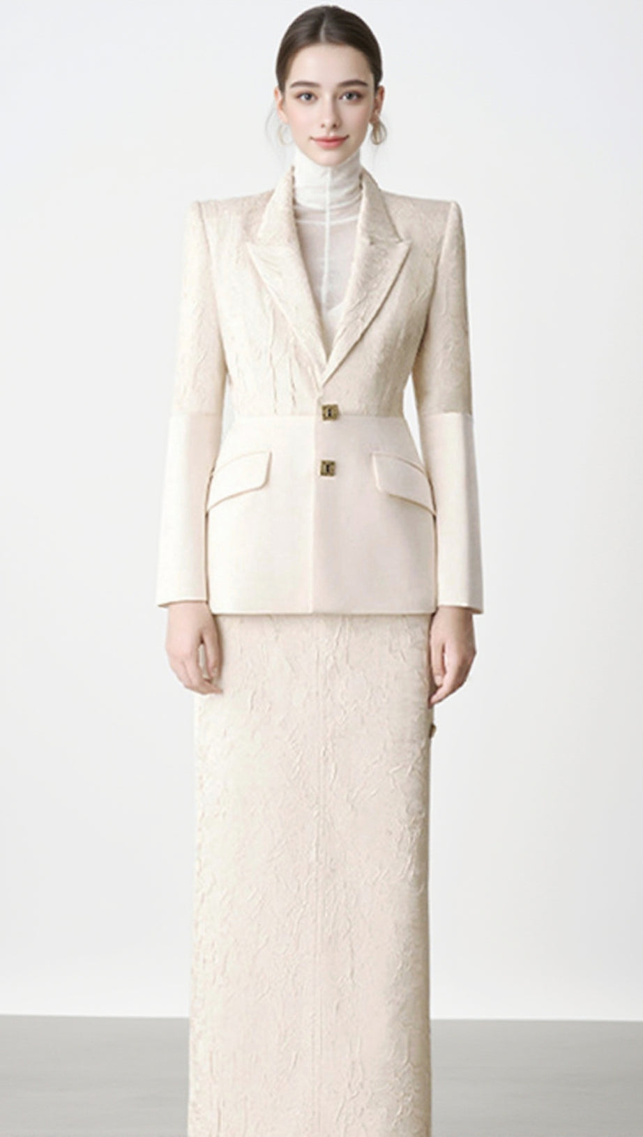 COMPLETO MIDI DUE PEZZI A MANICHE LUNGHE CON MOTIVO FLOREALE AVORIO