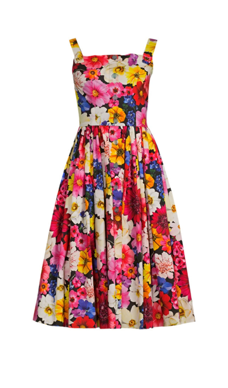 Cotton Poplin Midi Dress In Garden Print